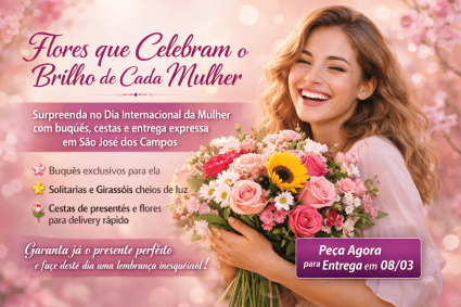 Mulher sorrindo segurando buquê de rosas e girassóis para o Dia das Mulheres 2026 com entrega de flores em São José dos Campos pela Floricultura Bothanicus